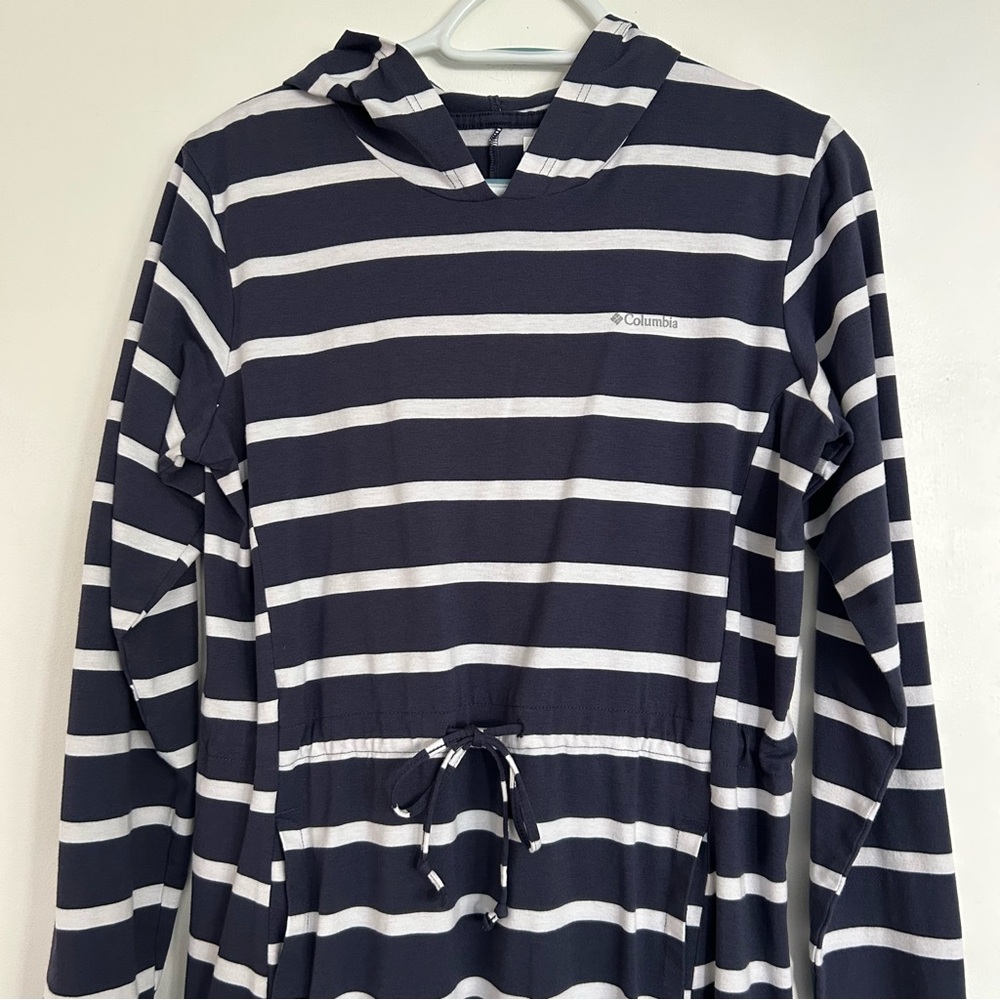 Columbia Navy and White Striped Mini Dress Medium Nautical Beach Pockets Comfy
